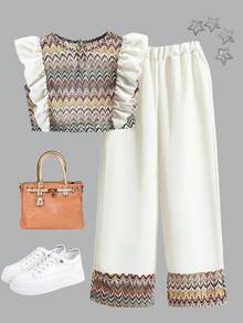 Tween Girls' Apricot Floral Splice Cap Sleeve Shirt And Pants Set - Apricot - View 8