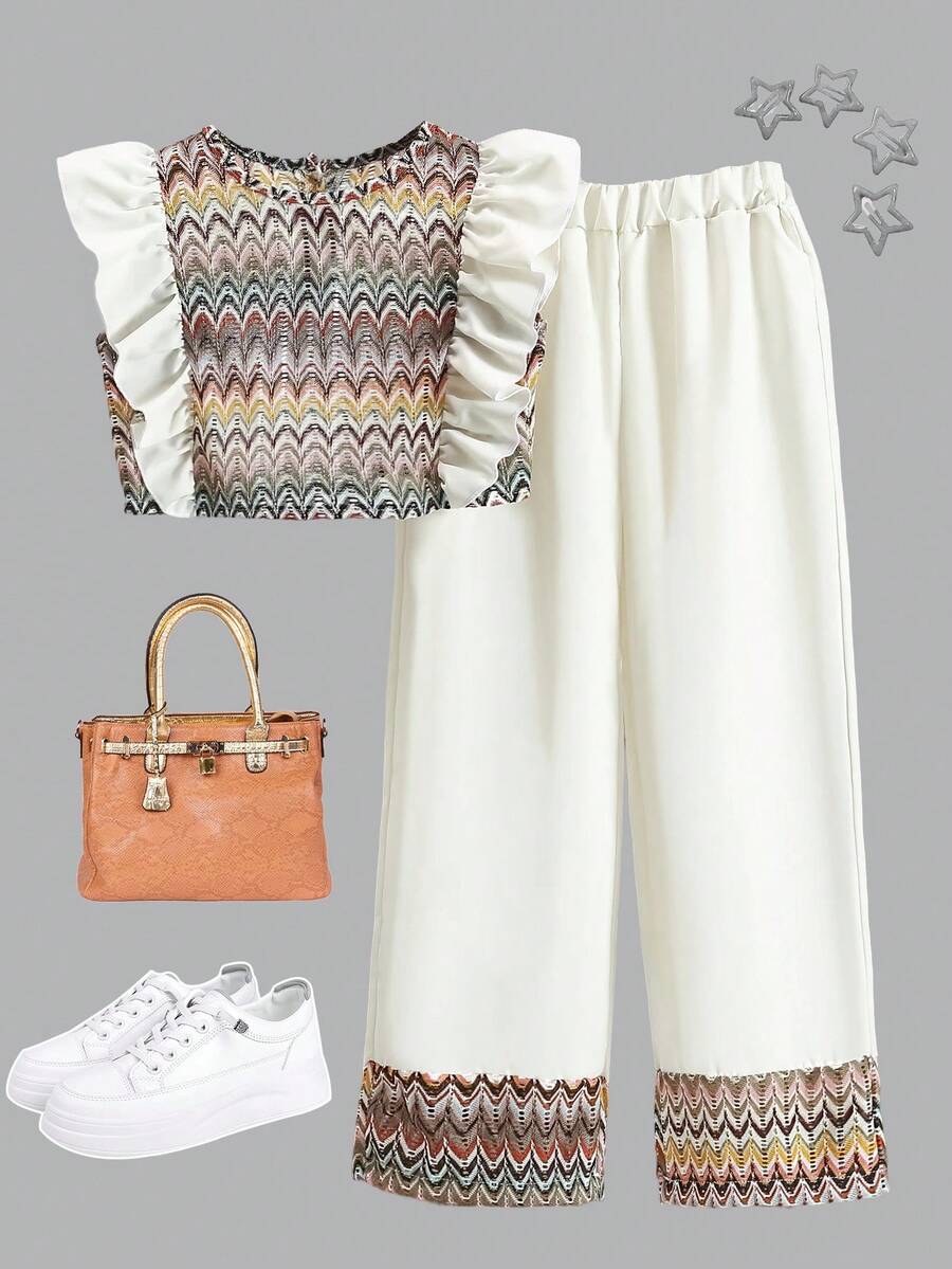 少女杏色花卉拼接短袖衬衫和裤子套装 - 杏色 - 查看 1