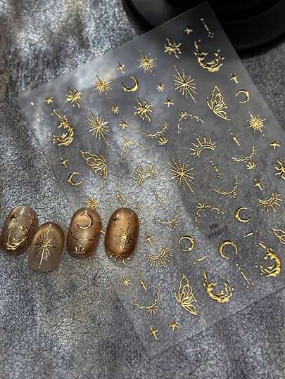 1片金色冲压金属星月蝴蝶5D美甲贴纸，闪亮复古银色图案，优雅星空自粘装饰美甲贴片