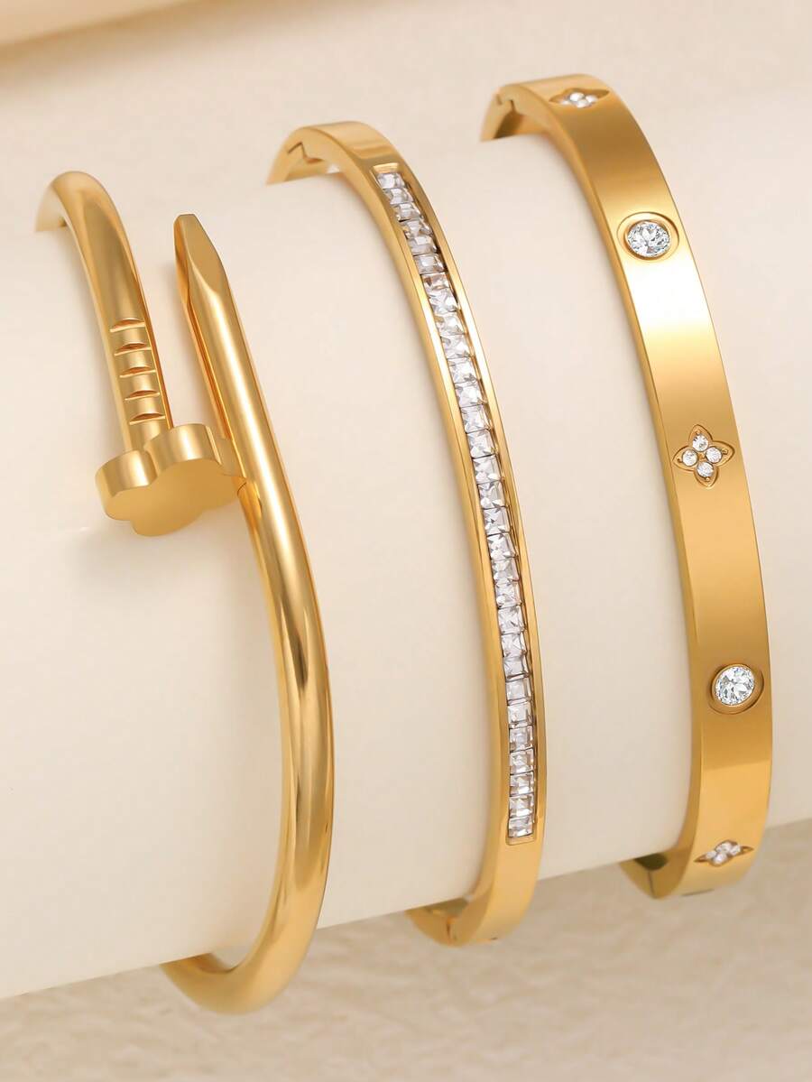 Elegant Shiny Fashion Single Row Rhinestone Stainless Steel Bracelet For Women, Suitable For Daily Wear And As Gift For Friends - Yellow Gold - View 1