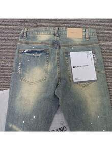 Light Luxury Denim  Men's Jeans High Street Ripped Hole Letter Logo Print  Retro Small Leg Jeans - Medium Wash - View 4