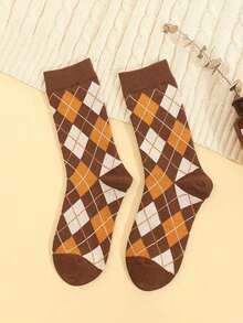 5 Pairs Women's Thin Mid-Calf Socks, Retro Collegiate Style, Classic Diamond Pattern, Fashionable & Versatile, Spring/Autumn - Multicolor - View 18