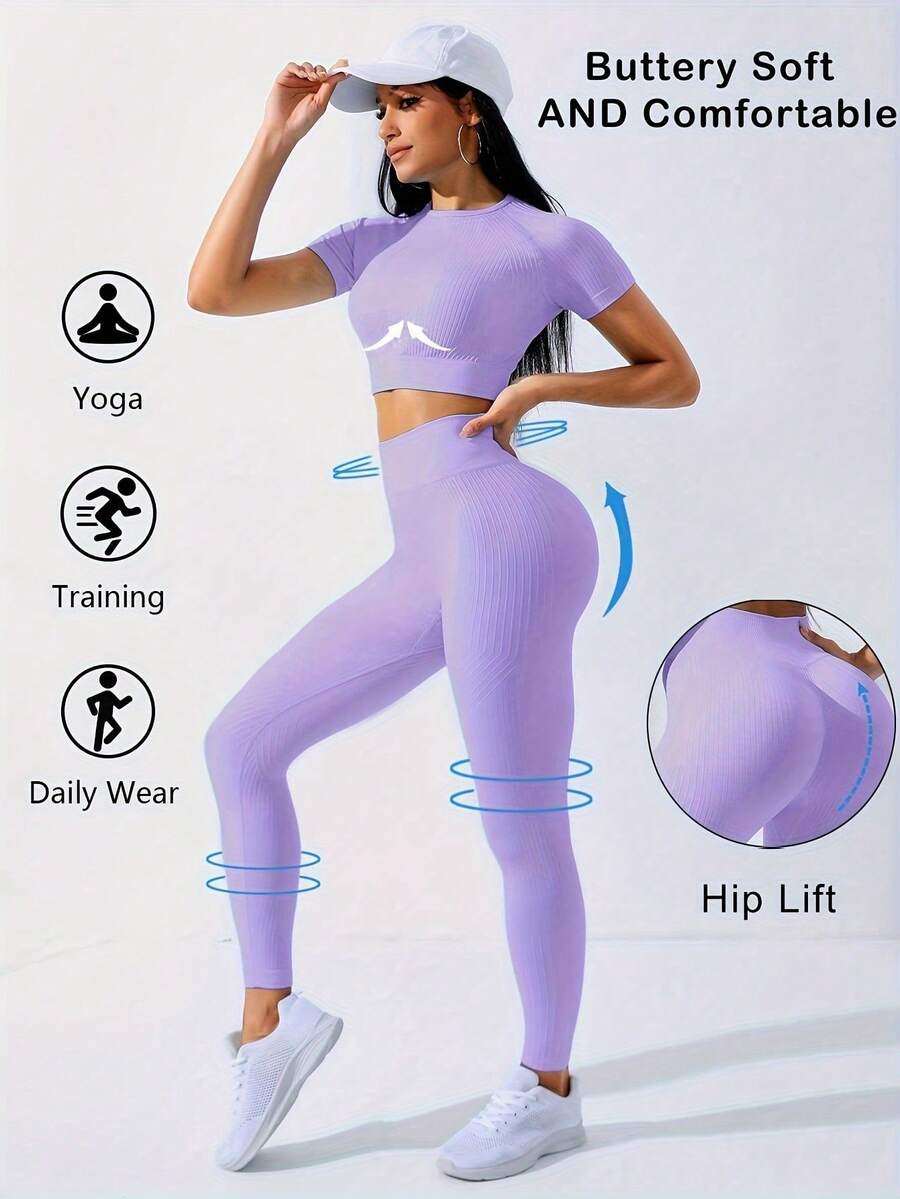 Workout Sets Outfits For Women – Yoga Leggings With Short Sleeve Crop Top, Slim Fit Tummy Control Butt Lifting Waist Shaping, Seamless Ribbed Texture, Breathable Soft Fabric, Non-Pilling, Perfect For Fall Winter Gym Yoga Running Fitness - 淺紫色 - 查看 1