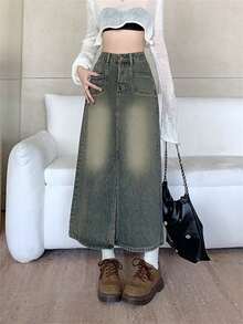 純色開衩直筒牛仔裙 - 藍色 - 查看 3