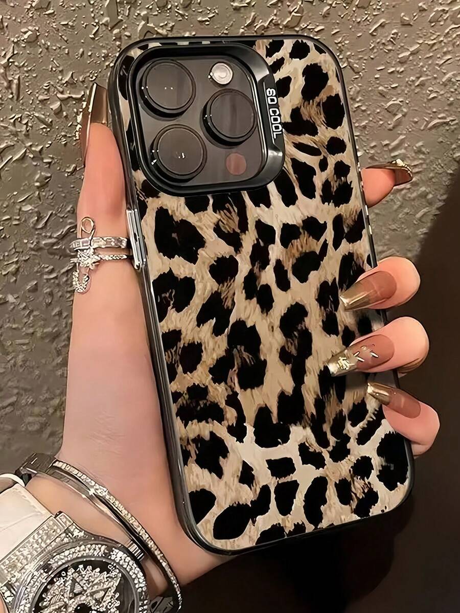 Cheetah,Leopard Print 1pc Black & Gold Leopard Print Pattern Metal Button Matte Anti-Drop Phone Case Compatible With IPhone 17, 16, 15, 14, 13, 12, 11 Pro Max, Series,International Version, Not The Domestic Version - Multicolor - View 1
