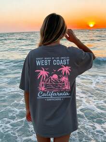 Women's New Casual Round Neck Short Sleeve T-Shirt, Minimalist Versatile Palm Tree Slogan Print, Suitable For Daily Wear. Graphic Tee, Vacation. Summer - Dark Grey - View 6