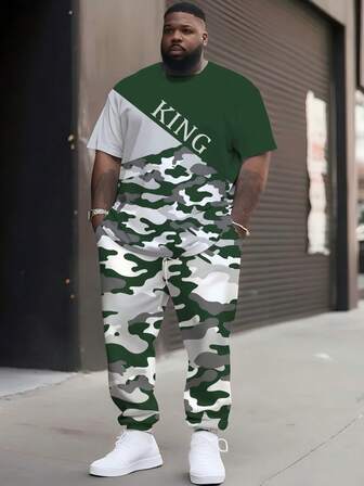 Plus Size Men's Contrast Color "KING" Letter Print Set, Camouflage Pattern Design, Round Neck Short Sleeve Top Paired With Drawstring Casual Pants, Fashionable 2-Piece Outfit