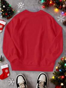 Weihnachts-Sweatshirt für Jungen mit Weihnachtsmotiv: Der Weihnachtsmann trägt einen leuchtenden Streifen und posiert in einer hübschen Pose. Dieses übergroße Sweatshirt mit Rundhalsausschnitt ist ein bequemes, vielseitiges Langarmshirt für Kinder. - Rot - Übersicht 6