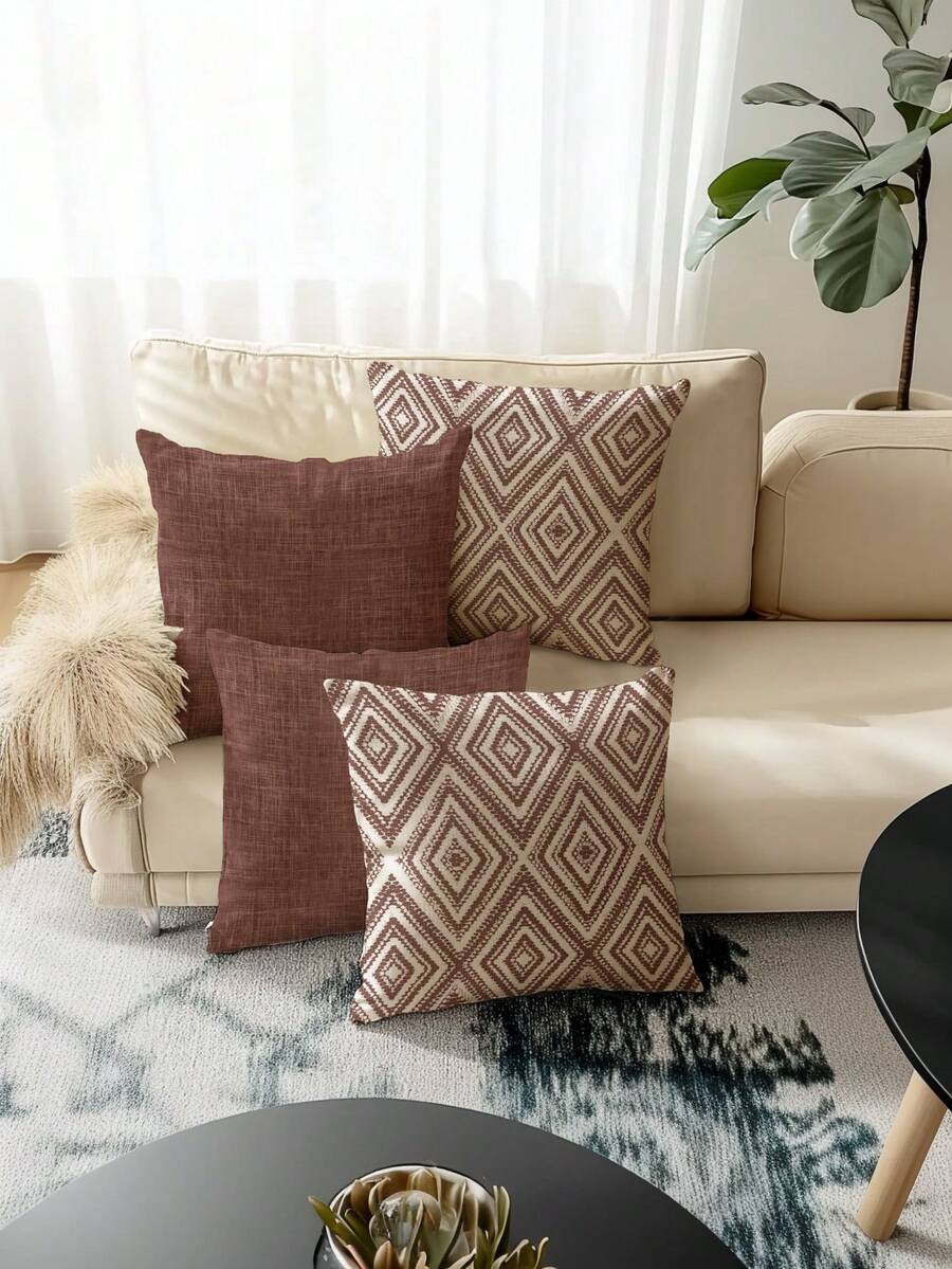 4pcs Decorative Pillow Covers, Geometric Pattern, 100% Hypoallergenic Polyester Fiber Cushion Covers, Vintage Linen Material, Hidden Zipper, Machine Washable, Minimalist Modern Line Design, Zippered Closure, Home Decor Throw Pillow Covers For Sofa, Living Room, Bedroom, No Pillow Insert - Maroon - View 1