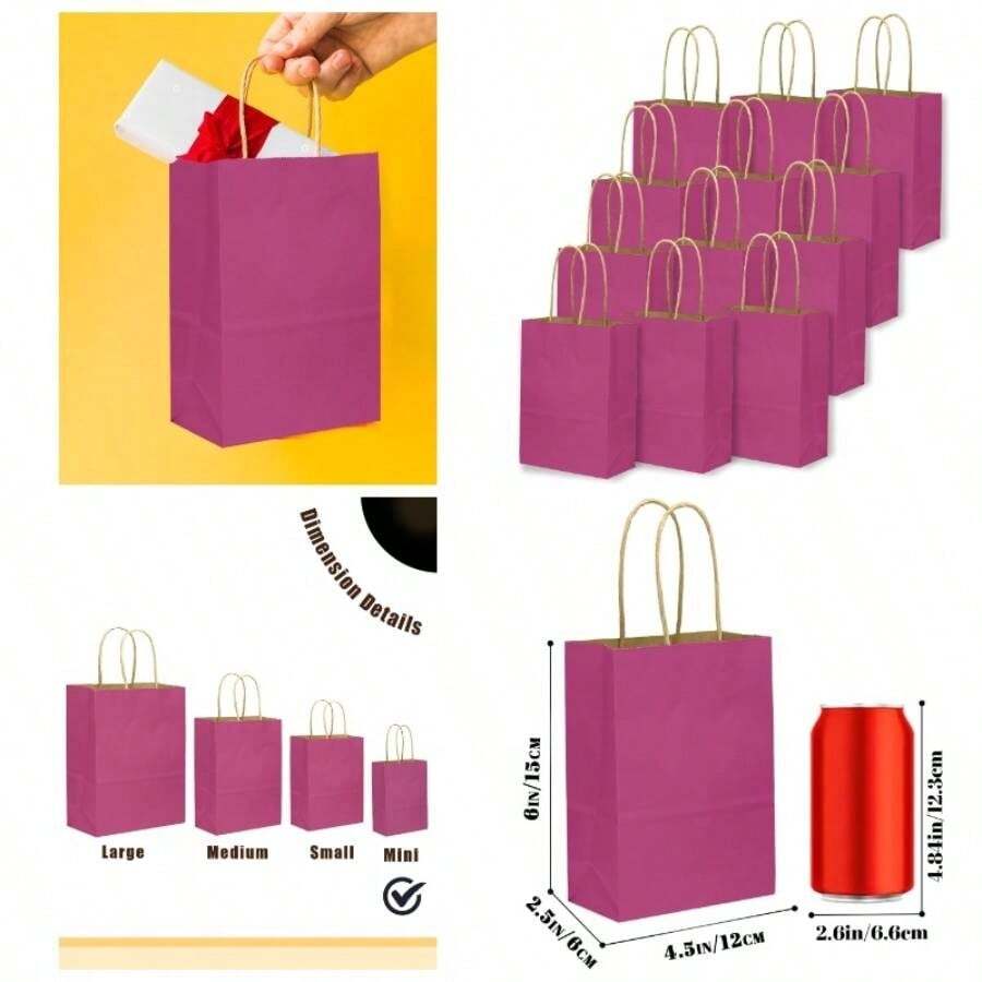 - 24 bolsas de regalo de papel rosado, con asas, 6x 4.5x 2.5 pulgadas, pequeas bolsas de regalo de papel kraft color caf, mltiples usos tamao pequeo - Rosado + 1 Count (Paquete de 24) - Ver 1