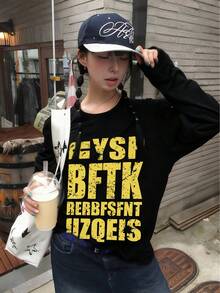 Street Style American Design Letter Print Loose Fit Casual Long Sleeve T-Shirt For Women, Black, Autumn
