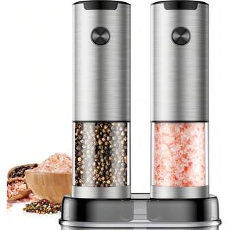 1/2 piezas/Set, Molinillo de pimienta eléctrico con base de almacenamiento, molinillo de gránulos de pimienta negra automático, molinillo de sal y pimienta de acero inoxidable a pilas, recipiente transparente, artículo esencial de cocina, regalo de cocina, regalo navideño