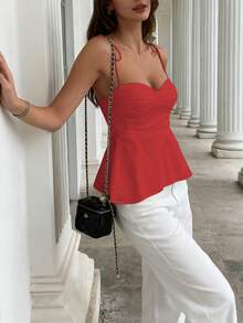 1pc Women's Casual Sleeveless Ruffle Hem Blouse, Elegant French Minimalist Pure White Tube Top Cropped Camisole, Fitted Vacation & Commute Lightweight Camisole Tie Front Tank Top, Y2K Sexy Babydoll Accentuates Curves Outerwear, Spring/Summer/Autumn - Red - View 2