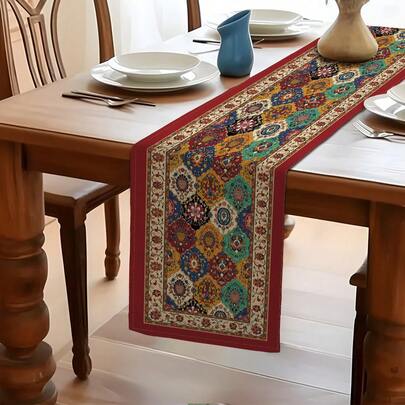 MEMNUN 1pc Bohemian Paisley Floral Geometric Kilim Moroccan Print Tablecloth, 100% Polyester Linen-Like Table Runner, Traditional Geometric Floral Pattern Red Kilim Home Art Decor Table Runner, Suitable For Kitchen, Dining Table, Home Party Decoration, Gift