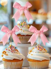 10/20pcs Pink Bowknot Cupcake Toppers, Pink Ribbon Cupcake Decorations, Bow Cake Decorations, Bow Cupcake Decorations, Pink Bow Birthday Decorations, Suitable For Weddings, Bridal Showers, Valentine's Day Decor - Multicolor - View 3