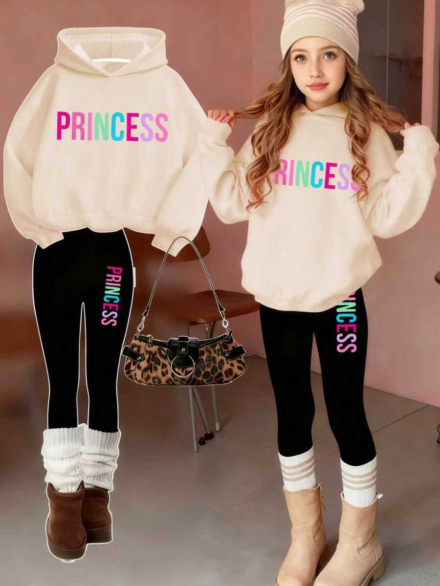 Bộ 2 món thời trang nữ sinh, áo hoodie và quần legging in khẩu hiệu, phong cách đường phố, mặc hàng ngày. - Màu be - Xem 1