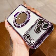 Luxury Shiny Rhinestone Lens Protect PlatingAnti-Drop Case With Shiny Glitter MakeupMirror Ring Holder Bracket Phone Case High Quality Shockproof Bumper BackCover Compatible With IPhone 17 16E 15 14 13 12 11 X XS Max XR Pro Plus Galaxy A02S -A07 A12-A17 A22-A26 A32-A36 A50-A56 S20-S25 Honor Magic OPPO Reno Redmi Infinix Smart - Purple - View 4