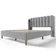Upholstered Double Bed With USB Type-C Charging Function, Bed Frame With Slatted Base, Upholstered Bed In Grey, 160 X 200 Cm Bed Frame, Youth Bed For Bedroom/Guest Room - Linen Material - Grey - View 6