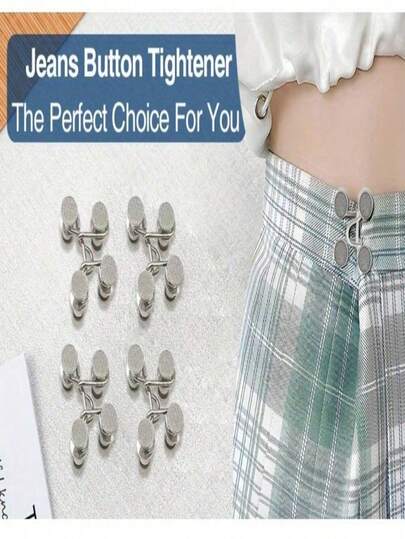这款多功能配件套装包含牛仔裤腰部延长器、可重复使用的无缝牛仔裤扣、可调节扣组、无缝金属腰带夹、女士裤子快拆设计，适合日常穿着和特殊场合，尤其适合不太紧身的裤子，也适合臀部较大的女性，男女通用。套装还包含用于宽松裤子的多功能银灰色纽扣。