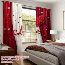 2PCS 2D Flat Printed Romantic Red And White Heart-Shaped Curtains, Suitable For Bedrooms, Offices, Kitchens, Living Rooms, And Study Rooms, Home Decoration, And Room Decoration (Excluding Poles),160gsm