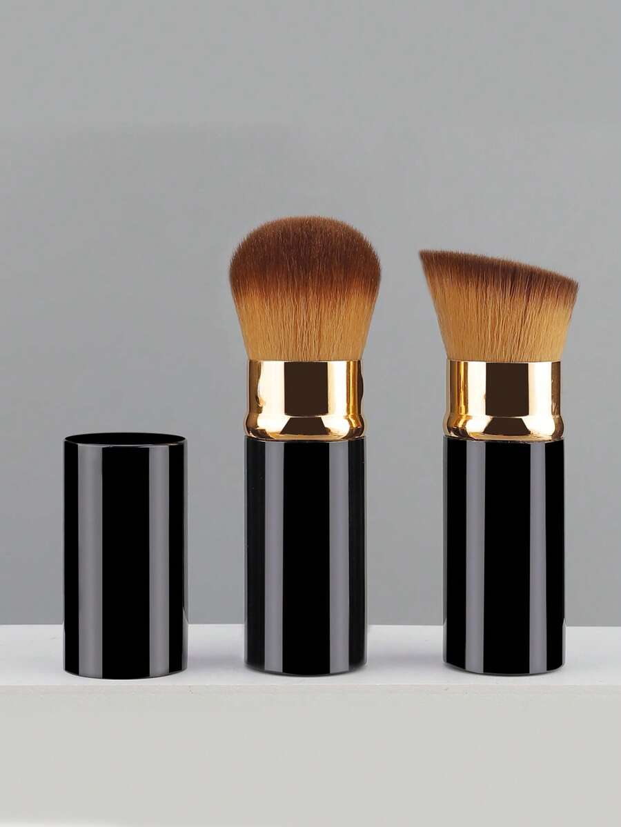1/2 Pincel de maquillaje Kabuki retráctil portátil, adecuado para todo tipo de maquillaje facial y base de maquillaje líquida, aplicable para base de maquillaje líquida, en crema y en polvo, con mango de aluminio