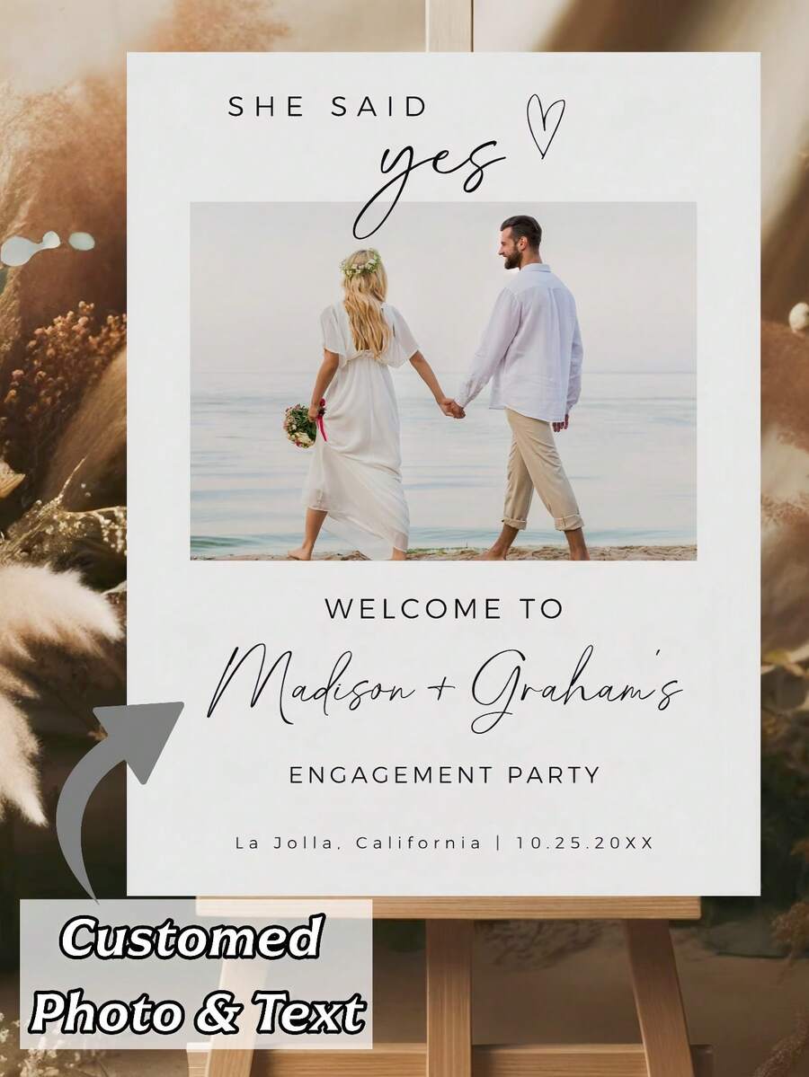 Biển chào mừng lễ đính hôn tùy chỉnh - "Cô ấy đã nói đồng ý", Phong cách tối giản hiện đại, Mẫu có thể chỉnh sửa, Khung gỗ, Thích hợp trang trí tường nhà và tiệc, Chủ đề tình yêu mộc mạc, Trang trí đám cưới, Hoàn hảo cho phòng ngủ - Nhiều màu - Xem 1