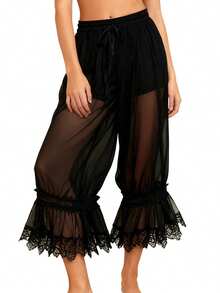 Women's Mesh Sheer Long Bloomer Pants Lace Patchwork Drawstring Elastic Waist Victorian See-Through Capri Pants Lounge Pettipants Going Out Pants - màu đen - Xem 4