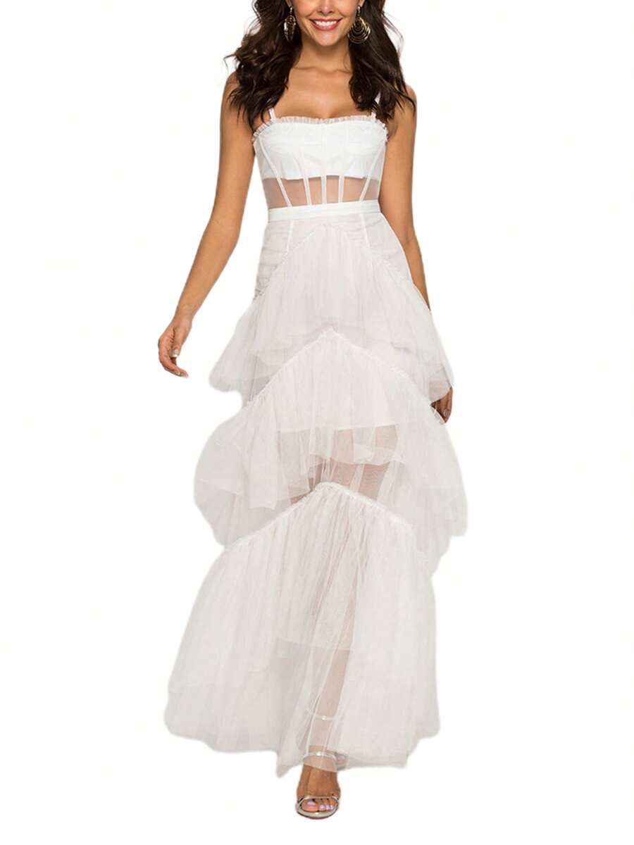 Women Sleeveless Tulle Dress Layered Ruffle Hem Summer Long Party Dress For Cocktail Beach Streetwear - trắng - Xem 1