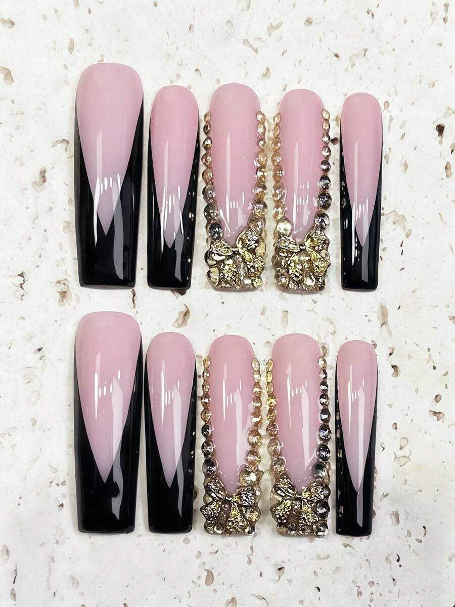 10Pcs Extra Long Square Press On Nails | Salon-Quality Handmade Nail Art With Black French Tip, Gold Bows & Champagne Glitter | Y2K Punk Western Style Acrylic Fake Nails For Daily Party Wear - 彩色 - 查看 1