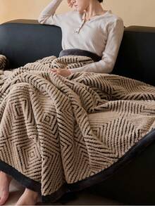 1件几何提花饰边羊羔绒保暖厚毯，柔软亲肤，多种尺寸，用途广泛，适用于办公室、客厅、卧室 - 咖色 - 查看 7