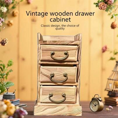 1个复古木质收纳盒 - 多层抽屉设计 - 做旧处理 - 适用于客厅和卧室 - 高端仿古风格