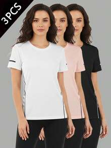 3pcs Women's Quick Dry Workout T-Shirts - Short Sleeve Stretch Athletic Tops For Running, Yoga, Fitness White Summer - White - View 3