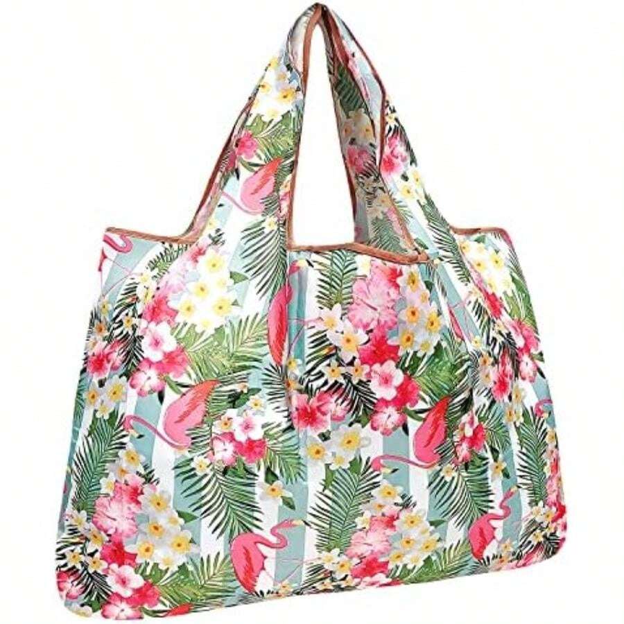allydrew Bolsa grande plegable de nailon reutilizable, estampado de leopardo(Flamencos y Flores Tropicales) - Multicolor - Ver 1