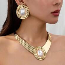 1set Luxury Exaggerated Creative Metal Large Pearl Stud Earrings, Pearl Necklace, Women Jewelry Set - Holiday Gift - White - View 6