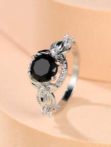1 pièce Bague pour femme en zircone noire avec motif feuille et vigne, accessoire de mode pour soirée, cadeau d'anniversaire - Noir - Voir 10