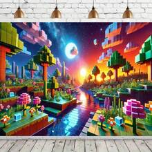 2D Flat 1pc Pixel World Dawn Theme Party Banner - Retro Video Game Design, Block Trees And Mushroom Patterns, Vibrant Mixed Colors, Durable Polyester Material For Indoor/Outdoor Family Celebrations, Room And Garden Decor, Multi-Purpose Festival Background, Pixel Style Sunset Silhouette Design - 1PCS - View 3