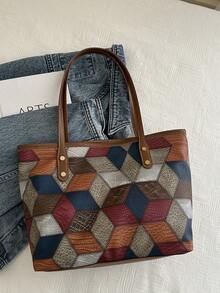 女士时尚通勤PU手提包，高端撞色纹理百搭手提包，简约便携单肩包，适合OL、通勤、约会、外出、购物、度假，带内袋 - 彩色 - 查看 8