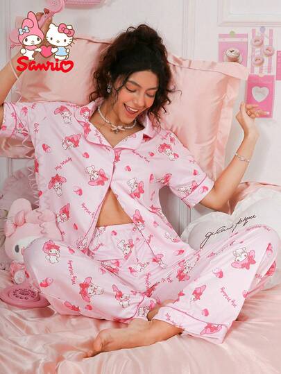 Sanrio Pajamoom 2 Pieces Women's ,Turndown Collar,Pink Strawberry& Print,Button-Down Pajama Shirt,Short-Sleeved&Pants Sleepwear,Cute Sleep Set,Lovely,Loungewear Set.