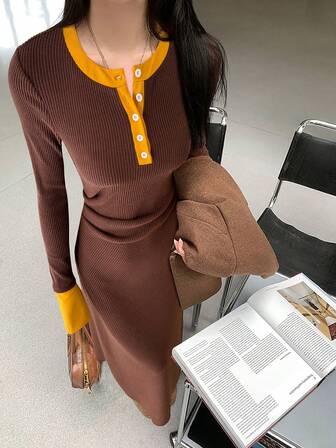 Standard Size Ribbed Contrast Trim Bodycon Dress