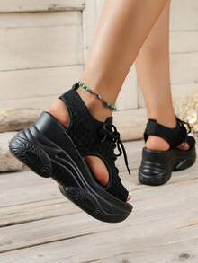 Women's Black Knit Platform Sport Sandals: Casual Shoes For Daily & Outing Style Comfy Black Platform Sandals: Sporty Knit Shoes - Versatile For Jeans & Dresses Elevated Black Sport Sandals: Knit Platform Shoes For Women 2025 Stylish Black Knit Platform Sandals: Sporty Casual Shoes - Perfect For Summer Days Casual Black Platform Sandals: Sporty Knit Shoes For Comfort & Fashion - 黑色 - 查看 4