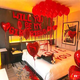 30pcs 16-Inch Red "Will You Be My Girlfriend?" Letter Balloons, Comes With Red Heart Foil Balloons And 500pcs Artificial Rose Petals, Suitable For Romantic Special Night Decoration, Engagement, Proposal, Happy Valentine's Day, Sweet Home, Love, Hug, Kiss, Queen, King