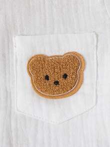 2pcs Baby Boy Textured Solid Shirt With Bear Embroidery Pocket And Printed Shorts, Street Fashion Children Set - White - View 7