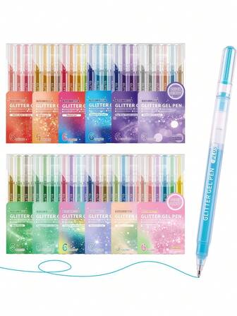 6PCS Glitter Gel Pens Set - Blendable Vibrant Colors Dual Use Highlighter Cute Kids Shiny Art Drawing Stationery School Supplies GLITTER