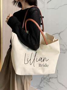 Custom Bridesmaid Beach Tote, Personalized Ivory Canvas Handbag With Name For Weddings Bridal Parties And Travel - White - View 3