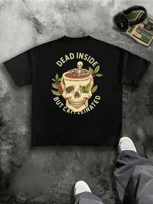 Camiseta con estampado de calavera y café para hombre, algodón de 220 g/m², con estampado a doble cara y cuello redondo holgado (1 unidad) - Negro - Ver 3