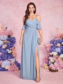 Volly Toych 浪漫优雅的浅蓝色伴娘长裙，吊带雪纺面料，垂褶设计，高开衩细节，适合度假和派对穿着。 - 霧霾藍 - 查看 1