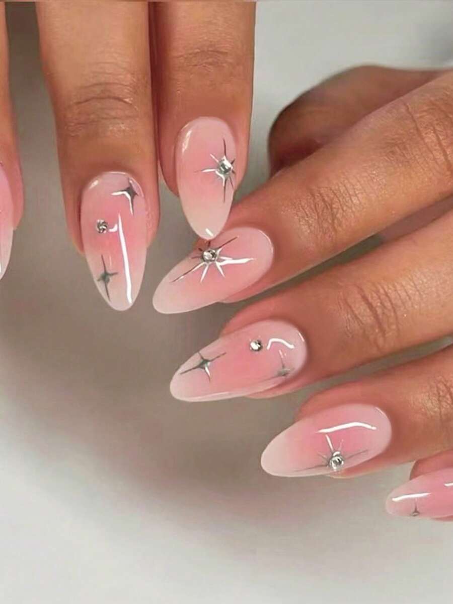 24Pcs/Set Long-Sized Almond Pink Gradient French Tips Press On Nails With Silver Stars And Rhinestones Design, Charming Woman's Style,Full Fit Acrylic Fake Nails, Contain 1pc Jelly Glue And 1pc Nail File, Suitable For Women And Girls'daily Work, Study And Parties Use