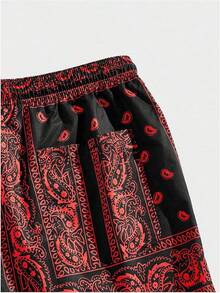 Men's Boho Paisley Print Drawstring Waist Summer Shorts With Pocket - Hot Red - View 4