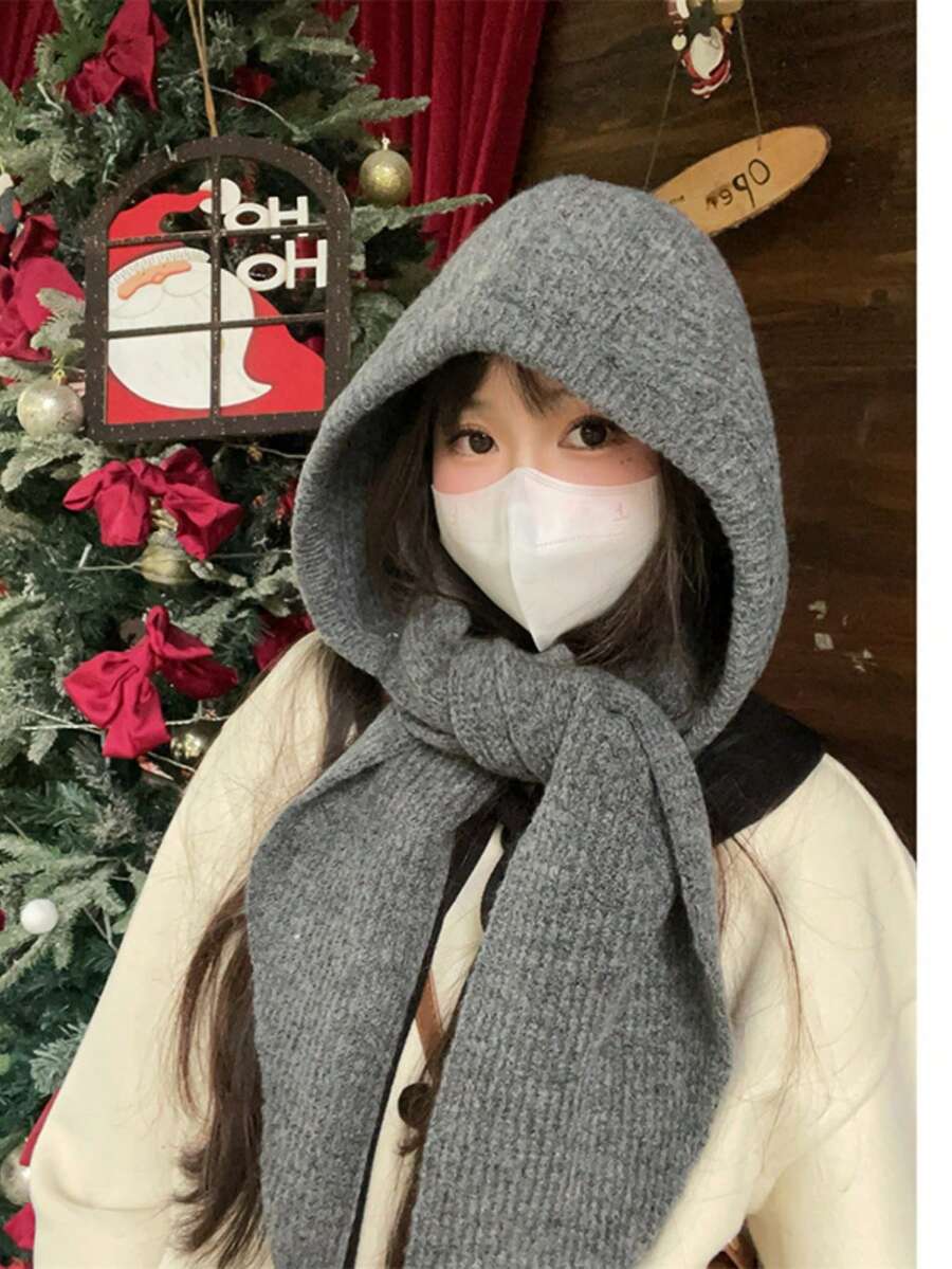1件装女士休闲纯色麻花针织纹理保暖防风蓬松加厚连帽围巾围脖，适合约会、日常穿着、购物、旅行、搭配