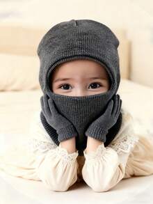 1 Mũ len đan dễ thương cho trẻ từ 1-6 tuổi, màu trơn, mềm mại, thoải mái, bảo vệ tai ấm áp, thích hợp cho mùa thu/đông, sử dụng ngoài trời thường ngày - 2 chiếc - Xem 3